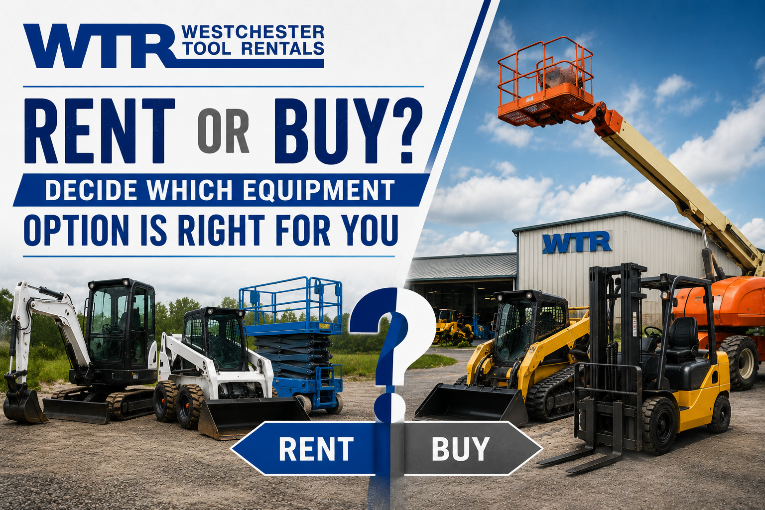 Construction equipment including excavators, skid steers, forklifts, and boom lifts illustrating the decision to rent or buy equipment from Westchester Tool Rentals.